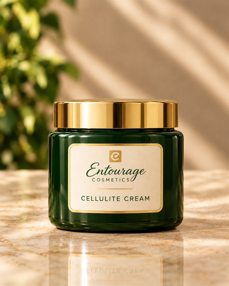 Entourage Cosmetics Cellulite Cream in a large green jar with gold lid.
