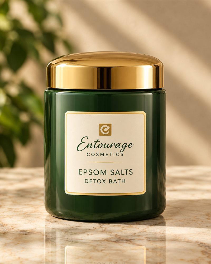 Entourage Cosmetics Epsom Salts Detox Bath in a green jar with gold lid and ivory label.