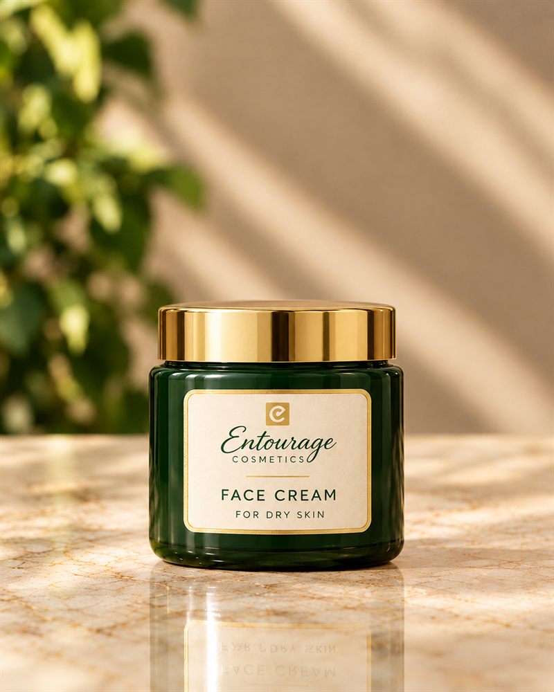 Entourage Cosmetics Face Cream for Dry Skin in a green jar with gold lid.