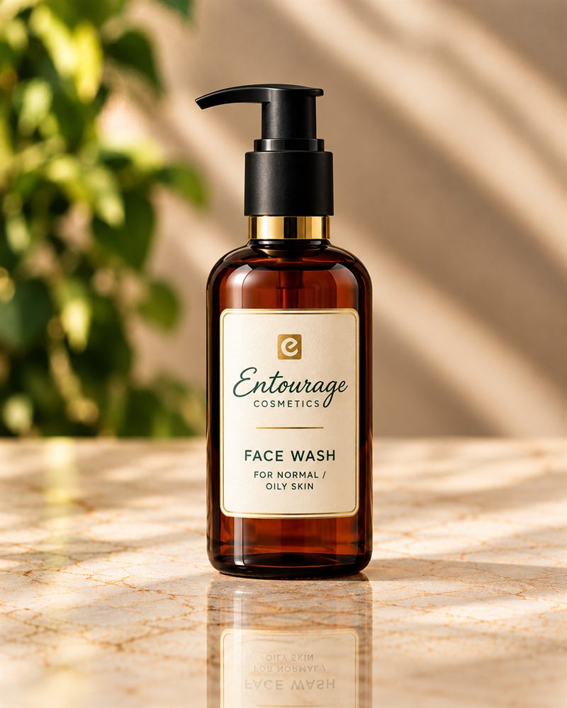 Entourage Cosmetics Face Wash for Normal / Oily Skin in an amber pump bottle with gold-trimmed ivory label.