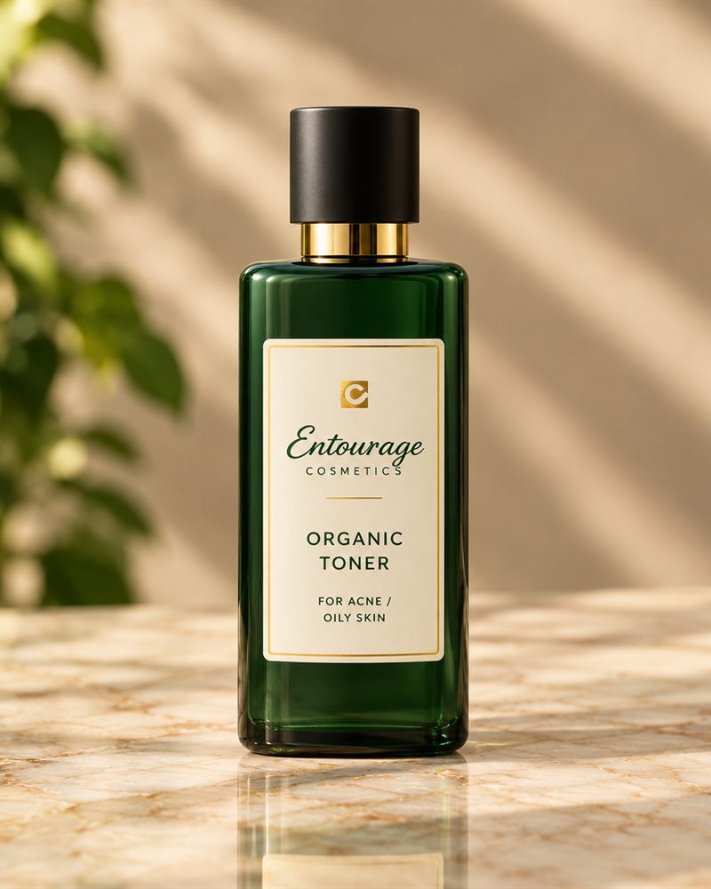 Entourage Cosmetics Organic Toner for Acne / Oily Skin in a green glass bottle with gold-trimmed ivory label.